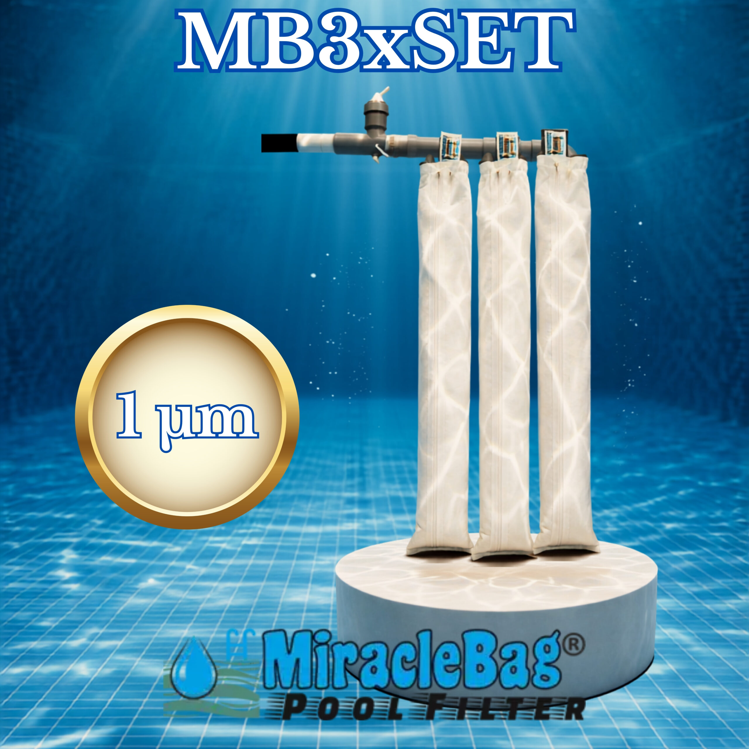 The Authentic Miraclebag© by Strausz. (MB3xSet) 1 micron for 15-50 m³. 3-piece pack with safety valve. 0.6 m² filtration surface. This is what you need for larger pools. Also ideal as a sand filter replacement. 100 cm.