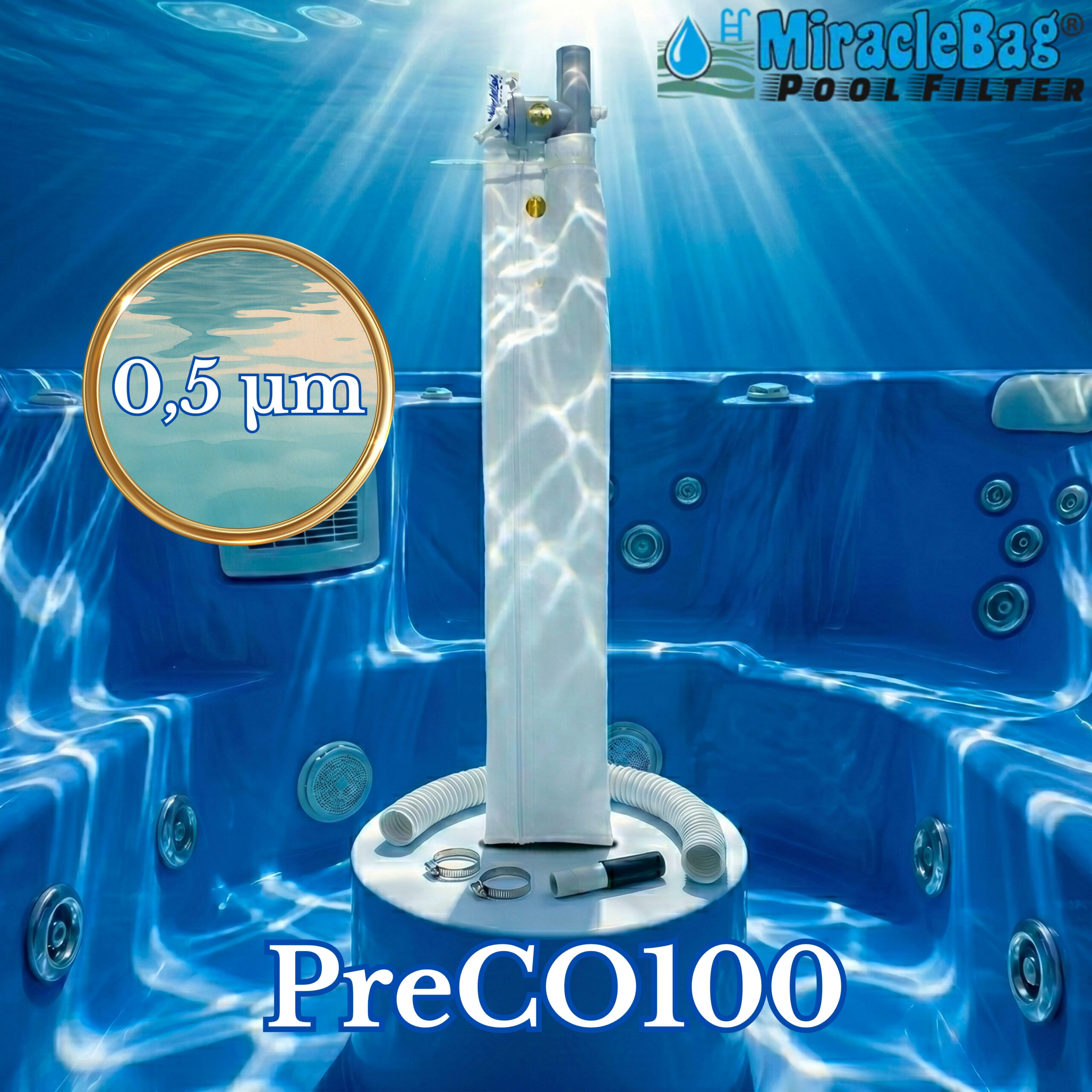 The Authentic Miraclebag© by Strausz. (PreCO100) 0.5 micron for 0-3 m³. 1-piece extra-fine starter pack with valve, flexible corrugated hose, and clamps. This is what you need for jacuzzis, hot tubs, and kids' pools. Also ideal as a sand filter replacement. 100 cm.