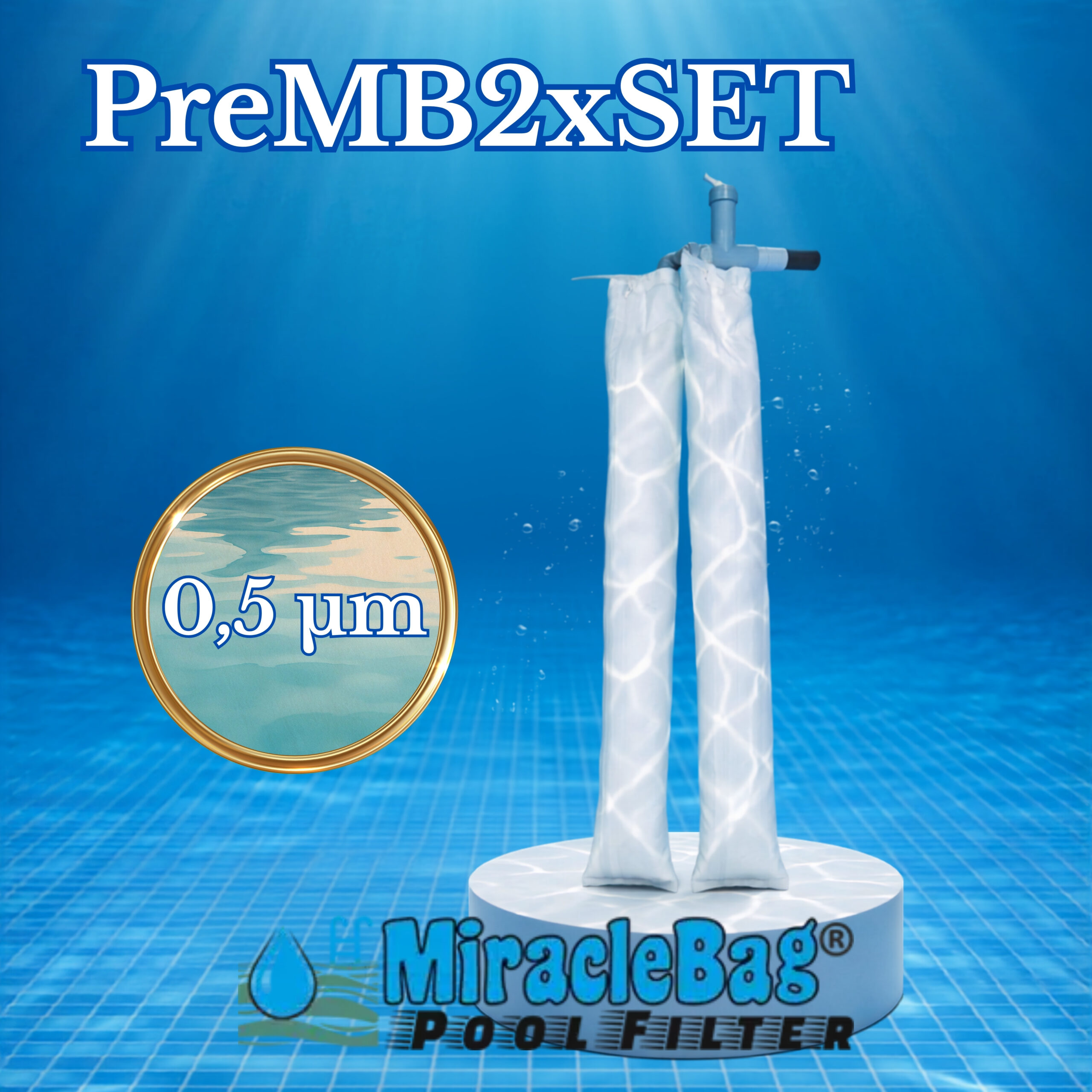 The Authentic Miraclebag© by Strausz. (PreMB2xSet) 0.5 micron for 10-30 m³. 2-piece extra-fine pack with safety valve. This is what you need if you want to reduce the frequency of cleaning thanks to the double filtration surface. Pool water filter, also ideal as a sand filter replacement. 100 cm.