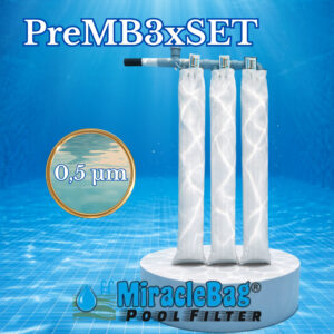 The Authentic Miraclebag© by Strausz. (PreMB3xSet)  0.5 micron for 15-50 m³. 3-piece extra-fine pack with safety valve. 0,6 m²  filtration surface. This is what you need for larger pools. Also ideal as a sand  filter replacement. 100 cm.
