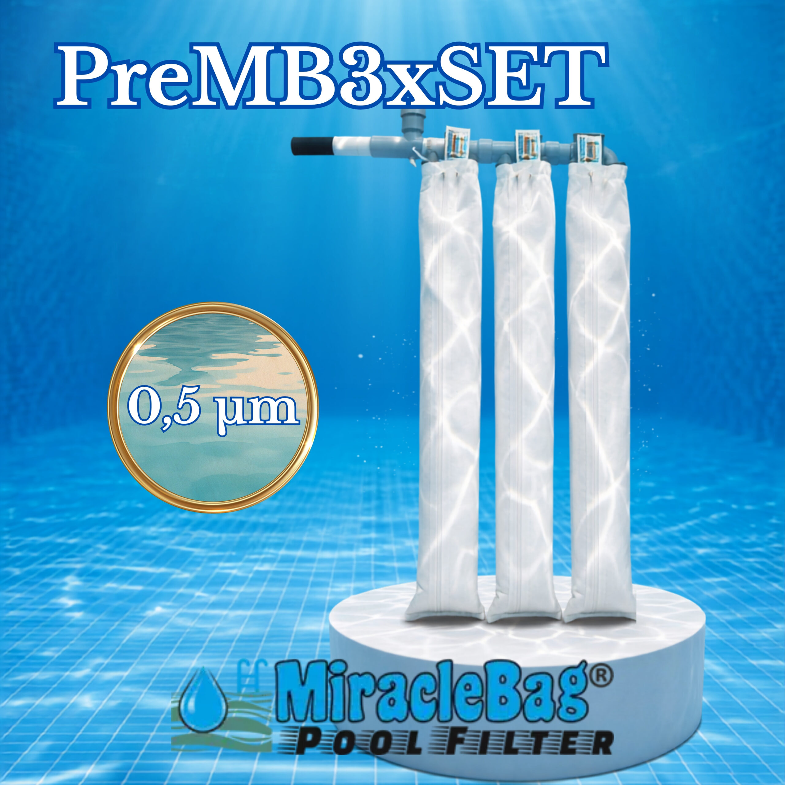 The Authentic Miraclebag© by Strausz. (PreMB3xSet) 0.5 micron for 15-50 m³. 3-piece extra-fine pack with safety valve. 0,6 m² filtration surface. This is what you need for larger pools. Also ideal as a sand filter replacement. 100 cm.